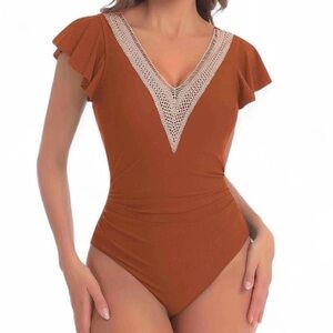 Aimage  One Piece Swimsuit Sz L Rust V-Neck Crochet Flutter Sleeves Feminine